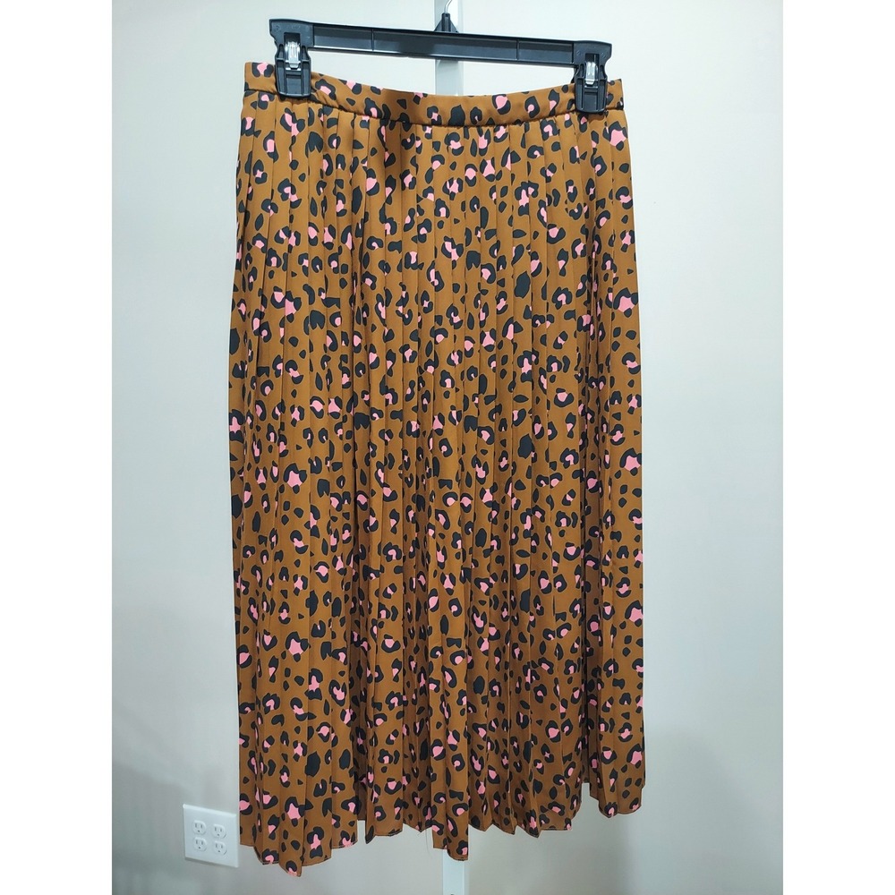 J.Crew Pleated Midi Skirt Brown Pink Leopard Animal Print Size 2 Fall Preppy
